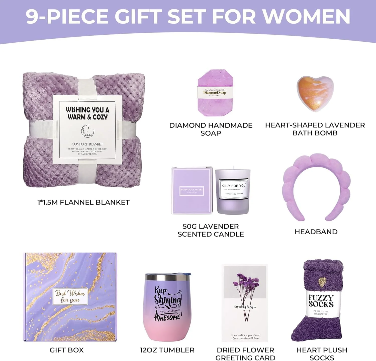 هدیه تولد برای خانم ها، ست هدیه اسپا، هدیه مراقبت شخصی با پتو فلانل لوکس، سبد هدیه برای مادر، خواهر، دوستان خانم، همکار، همسر، دوست دختر، دختر (بنفش)