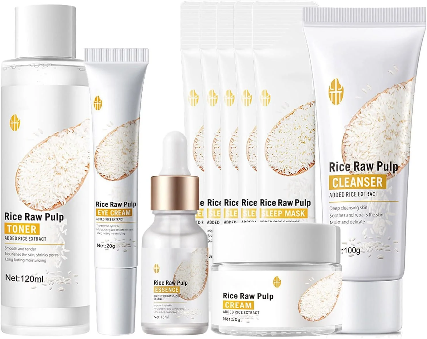مجموعه مراقبت از پوست با عصاره برنج خام برای زنان و دختران نوجوان، مجموعه مراقبت از پوست با عصاره برنج خام شامل کرم صورت، کرم دور چشم، ماسک خواب، مجموعه مرطوب کننده و ضد پیری پوست (10 تکه)
