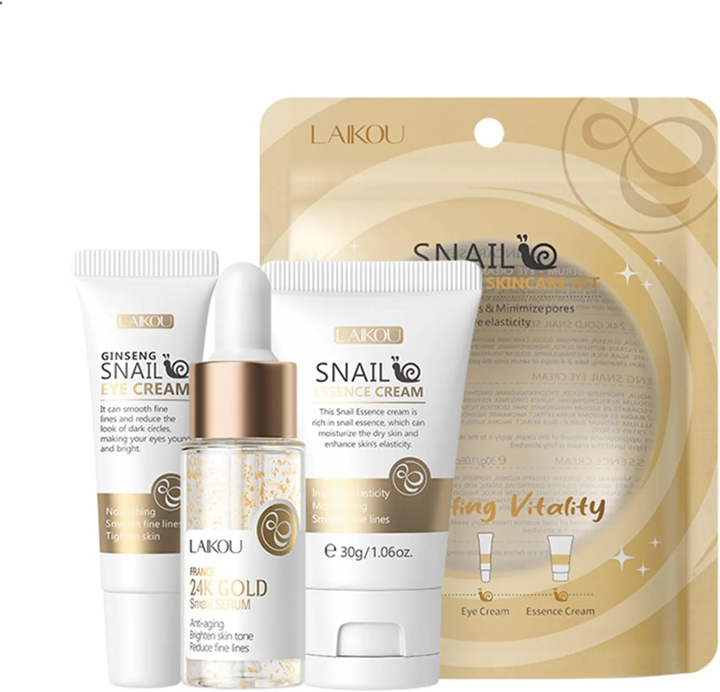 مجموعه مراقبت از پوست حلزون، سایز مسافرتی، شامل اسانس حلزون طلایی، کرم دور چشم جینسینگ و کرم ترمیم کننده حلزون. پوست آسیب دیده را هدف قرار داده، خاصیت ارتجاعی را بهبود می بخشد، منافذ را به حداقل می رساند، درخشندگی و استحکام را باز می گرداند.