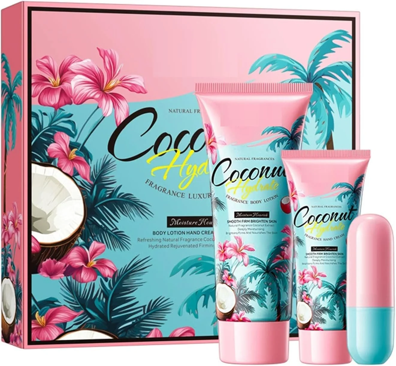 مجموعه هدیه مراقبت از پوست و لب نارگیل هیدراته - لوسیون بدن برای تغذیه و پوست صاف، کرم دست برای ترمیم زبری و حفظ رطوبت، بالم لب برای نرم کردن لب های خشک، رایحه طبیعی نارگیل