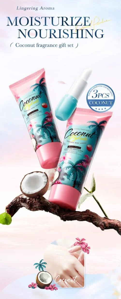 مجموعه هدیه مراقبت از پوست و لب نارگیل هیدراته - لوسیون بدن برای تغذیه و پوست صاف، کرم دست برای ترمیم زبری و حفظ رطوبت، بالم لب برای نرم کردن لب های خشک، رایحه طبیعی نارگیل