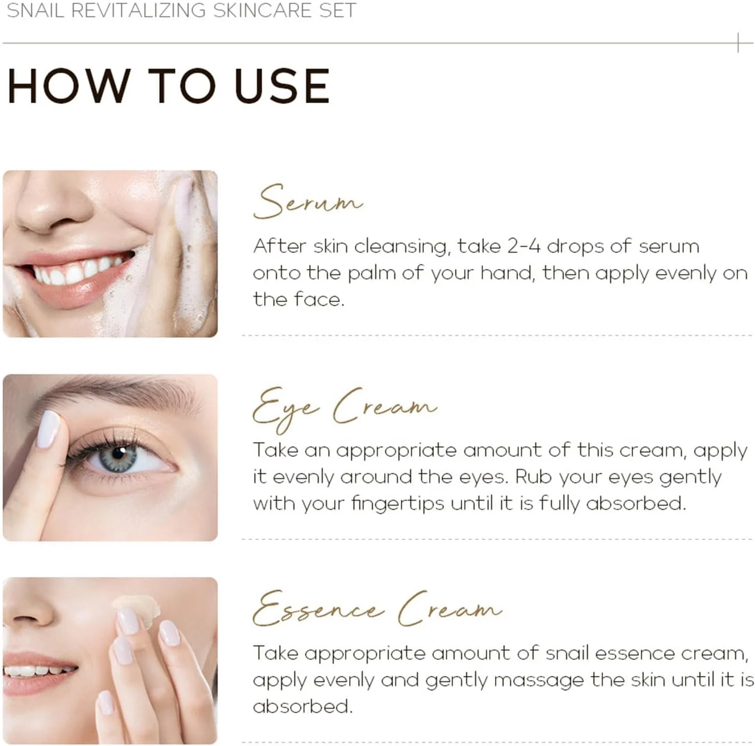 مجموعه مراقبت از پوست حلزون، سایز مسافرتی، شامل اسانس حلزون طلایی، کرم دور چشم جینسینگ و کرم ترمیم کننده حلزون. پوست آسیب دیده را هدف قرار داده، خاصیت ارتجاعی را بهبود می بخشد، منافذ را به حداقل می رساند، درخشندگی و استحکام را باز می گرداند.