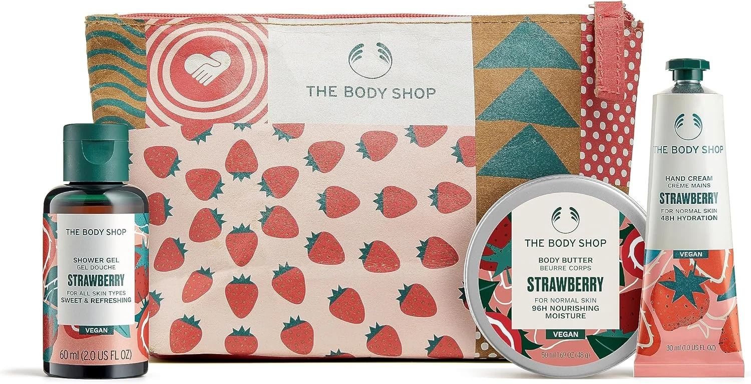 مجموعه هدیه مراقبت از بدن توت فرنگی بادی شاپ، وگان، مجموعه 3 تکه