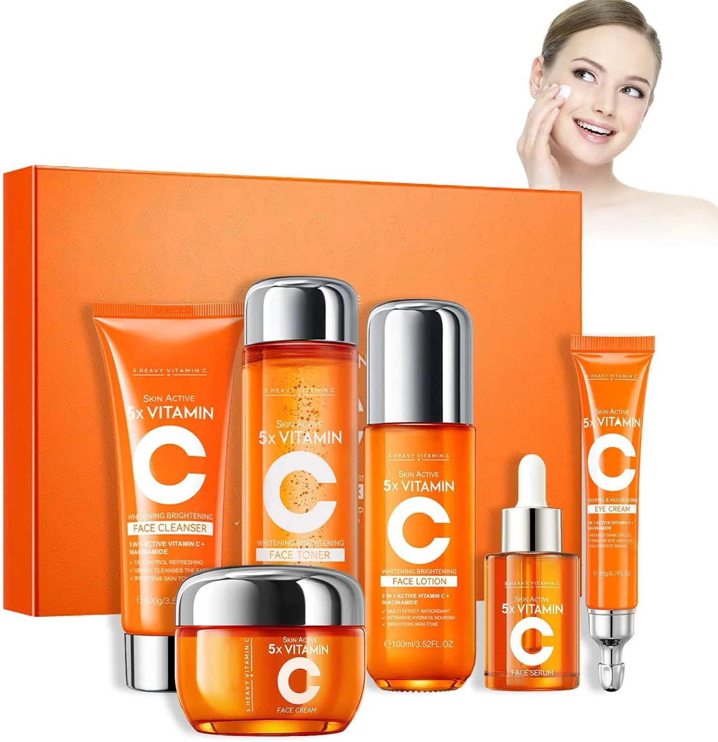 مجموعه مراقبت از پوست ویتامین C، مجموعه هدیه مراقبت از پوست 6 در 1 شامل پاک کننده صورت، تونر، کرم دور چشم، سرم، لوسیون و کرم صورت، کیت مراقبت از پوست صورت مرطوب کننده برای ضد پیری و ضد چروک