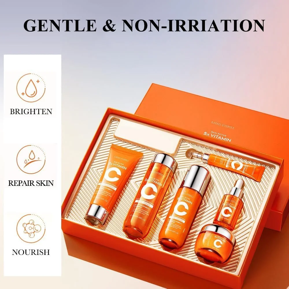 مجموعه مراقبت از پوست ویتامین C، مجموعه هدیه مراقبت از پوست 6 در 1 شامل پاک کننده صورت، تونر، کرم دور چشم، سرم، لوسیون و کرم صورت، کیت مراقبت از پوست صورت مرطوب کننده برای ضد پیری و ضد چروک