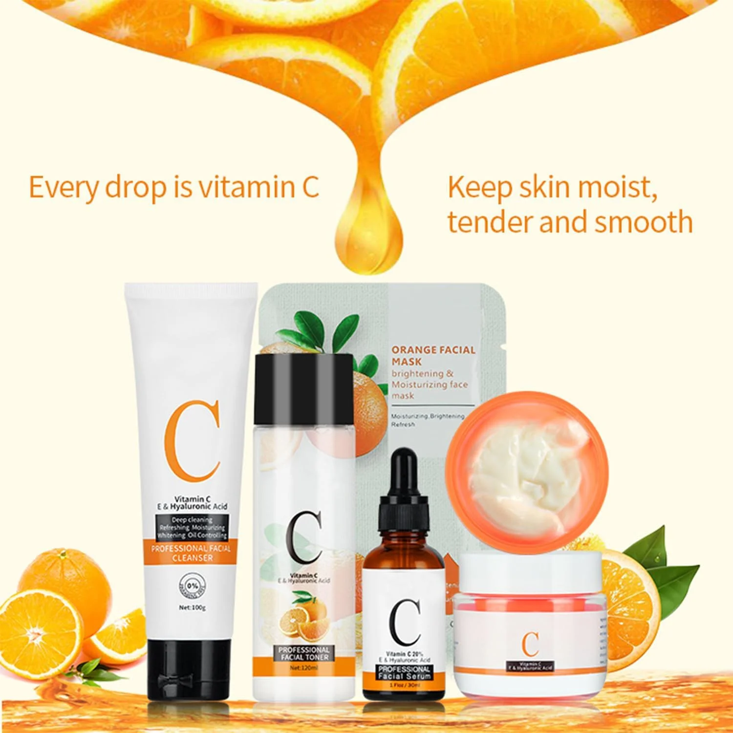 مجموعه مراقبت کامل صورت ویتامین C، ست هدیه مراقبت از پوست 5 در 1 شامل پاک کننده، سرم صورت، کرم صورت، تونر، ماسک، ضد پیری، تقویت کلاژن و آبرسان برای بانوان