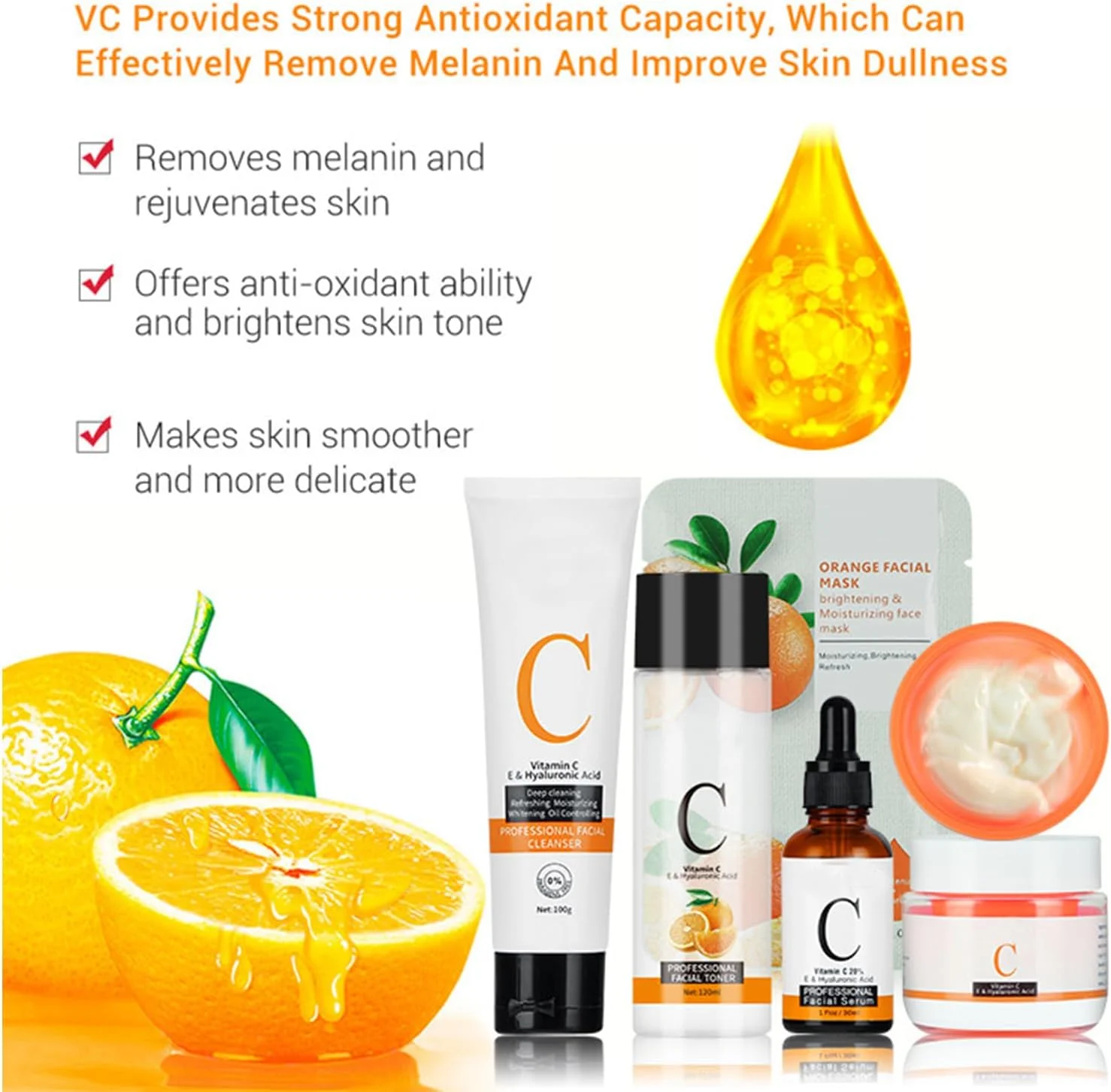 مجموعه مراقبت کامل صورت ویتامین C، ست هدیه مراقبت از پوست 5 در 1 شامل پاک کننده، سرم صورت، کرم صورت، تونر، ماسک، ضد پیری، تقویت کلاژن و آبرسان برای بانوان