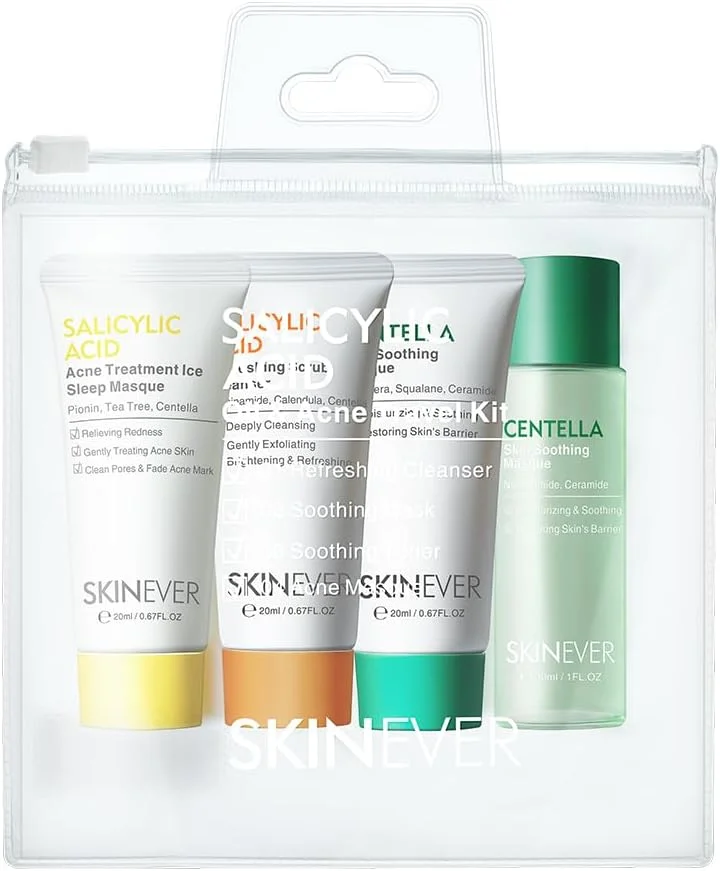 ست مسافرتی 4 تکه روغن و اسید سالیسیلیک 20 میلی لیتر | پاک کننده، تونر، ماسک تسکین دهنده سنتلا و ماسک | ست مراقبت از پوست برای پوست های چرب و حساس