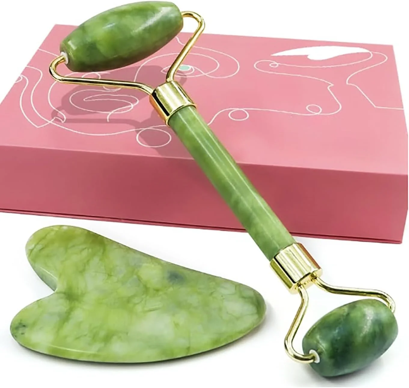 غلتک یشم و سنگ گوا شا - ابزار مراقبت صورت، سنگ گوا شا رز کوارتز طبیعی برای روتین مراقبت از پوست، کاهش چین و چروک و پف زیر چشم