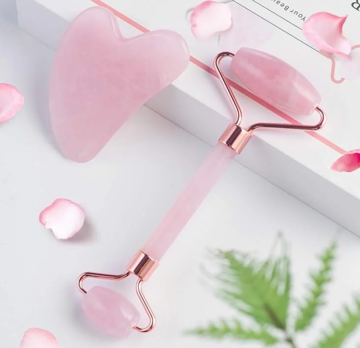 غلتک یشم و سنگ گوا شا - ابزار مراقبت صورت، سنگ گوا شا رز کوارتز طبیعی برای روتین مراقبت از پوست، کاهش چین و چروک و پف زیر چشم