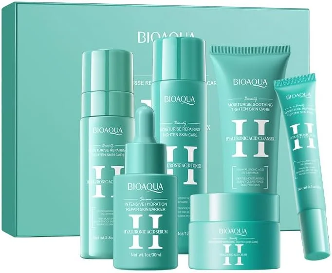 مجموعه مراقبت از پوست حاوی اسید هیالورونیک، ست هدیه مراقبت از پوست آبرسان برای زنان، شامل پاک کننده، تونر، سرم، کرم، لوسیون و کرم دور چشم، کیت شروع مراقبت از پوست برای زنان (اسید هیالورونیک)