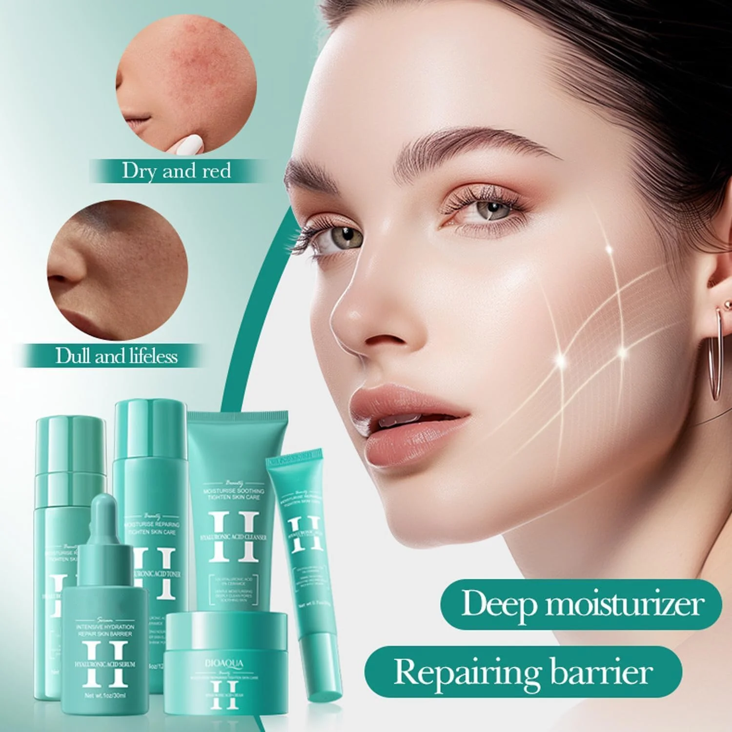 مجموعه مراقبت از پوست حاوی اسید هیالورونیک، ست هدیه مراقبت از پوست آبرسان برای زنان، شامل پاک کننده، تونر، سرم، کرم، لوسیون و کرم دور چشم، کیت شروع مراقبت از پوست برای زنان (اسید هیالورونیک)