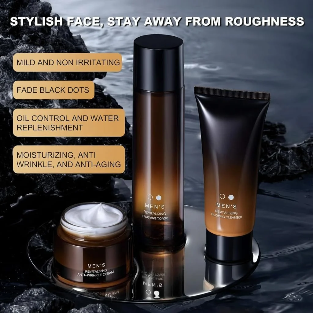 مجموعه مراقبت از پوست ضد پیری مردانه، کاهش چین و چروک و آبرسانی پوست، شامل پاک کننده، تونر، لوسیون و کرم صورت، مجموعه کامل مراقبت از پوست برای مردان (4 تکه)