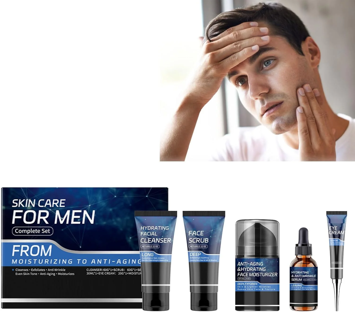 مجموعه هدیه مراقبت ضروری پوست مردانه - پاکسازی ملایم، مرطوب کننده عمیق و مغذی، مجموعه کامل شامل پاک کننده صورت، اسکراب، سرم، کرم دور چشم و مرطوب کننده برای پوستی سفت تر، روشن تر و صاف تر