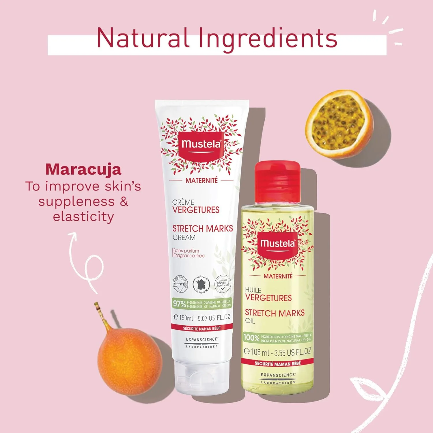 مجموعه ضد ترک بارداری موستلا - مراقبت طبیعی پوست در دوران بارداری - حاوی کرم ضد ترک و روغن شکم - تایید شده توسط EWG و بدون عطر - مجموعه 2 عددی