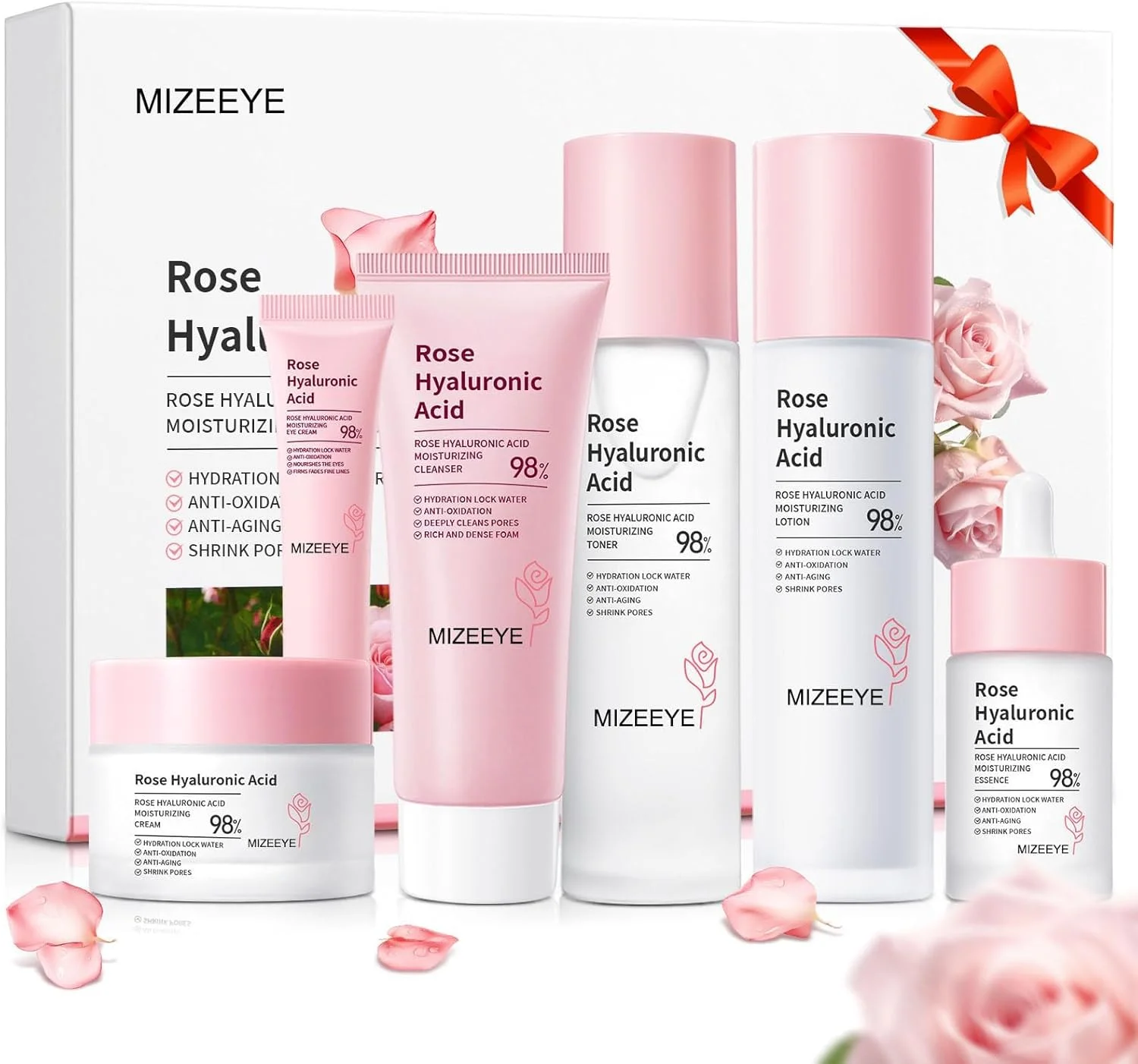 مجموعه مراقبت از پوست صورت حاوی عصاره گل رز، مناسب برای پوست خشک، کاهش خطوط ریز، حاوی اسید هیالورونیک، شامل فیس واش، سرم، تونر، لوسیون، کرم و کرم دور چشم