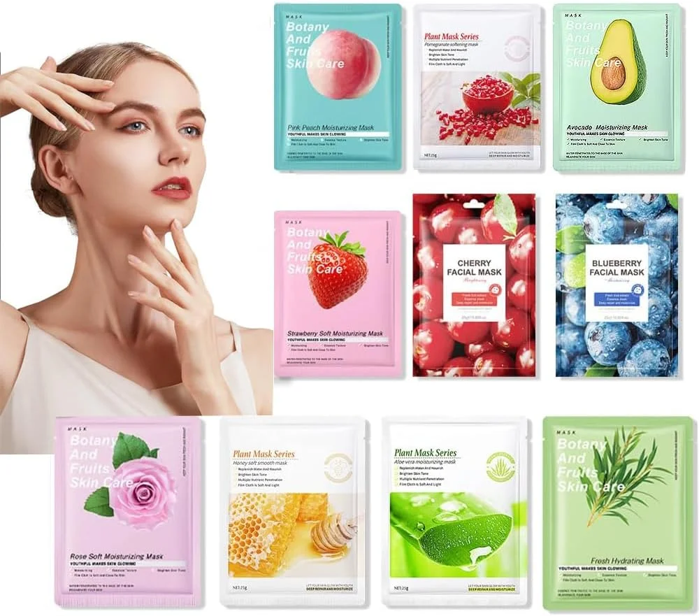مجموعه 10 عددی ماسک میوه و گیاه، ماسک صورت مراقبت از پوست، مجموعه ماسک صورت کره‌ای، مرطوب کننده، روشن کننده و مغذی برای انواع پوست (مجموعه B)