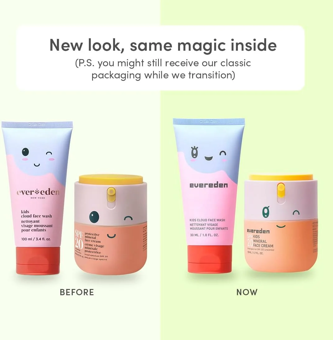 مجموعه دوگانه صبح شاد کودکان: مراقبت از پوست تمیز و گیاهی برای کودکان | شستشوی صورت ابری کودکان + کرم صورت معدنی SPF 20 | غیر سمی | غیر کومدوژنیک | سرگرم کننده | مراقبت از پوست آسان برای کودکان