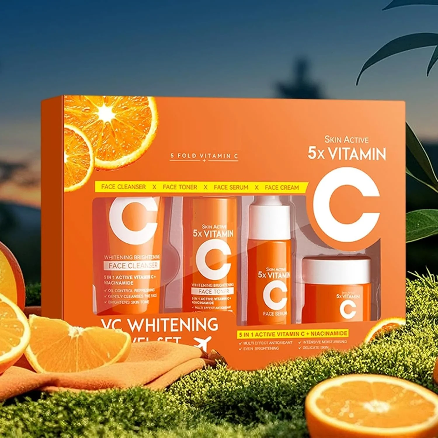 ست مسافرتی مراقبت از پوست حاوی 5 ویتامین - پاک کننده، تونر، سرم، کرم برای آبرسانی - ست 4 تکه قابل حمل برای پوست خشک و زبر - پاکسازی عمیق، آبرسانی - ایده آل برای مسافرت، استفاده روزانه - مناسب برای انواع پوست