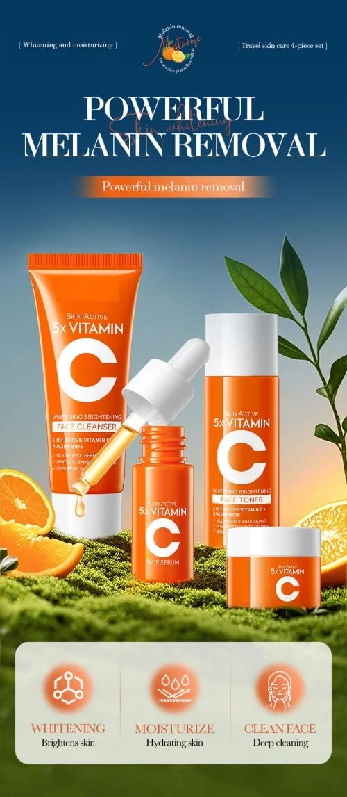 ست مسافرتی مراقبت از پوست حاوی 5 ویتامین - پاک کننده، تونر، سرم، کرم برای آبرسانی - ست 4 تکه قابل حمل برای پوست خشک و زبر - پاکسازی عمیق، آبرسانی - ایده آل برای مسافرت، استفاده روزانه - مناسب برای انواع پوست