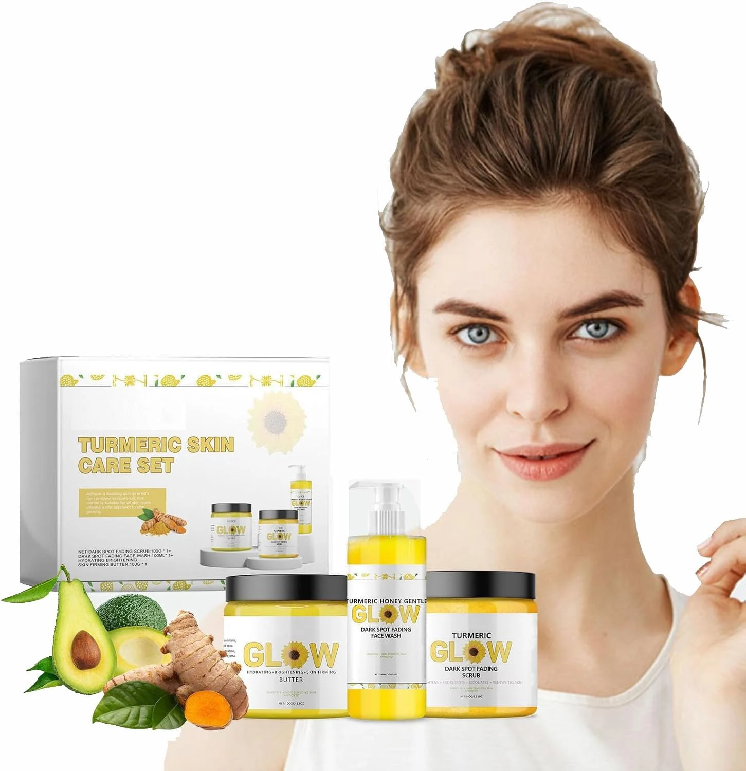 مجموعه مراقبت از پوست زردچوبه 3 در 1، مجموعه مراقبت از پوست درخشان کننده زردچوبه، شستشوی صورت درخشان کننده زردچوبه، اسکراب درخشان کننده زردچوبه و کره درخشان کننده زردچوبه برای لکه های تیره، لایه برداری و آبرسانی پوست (2 ست)