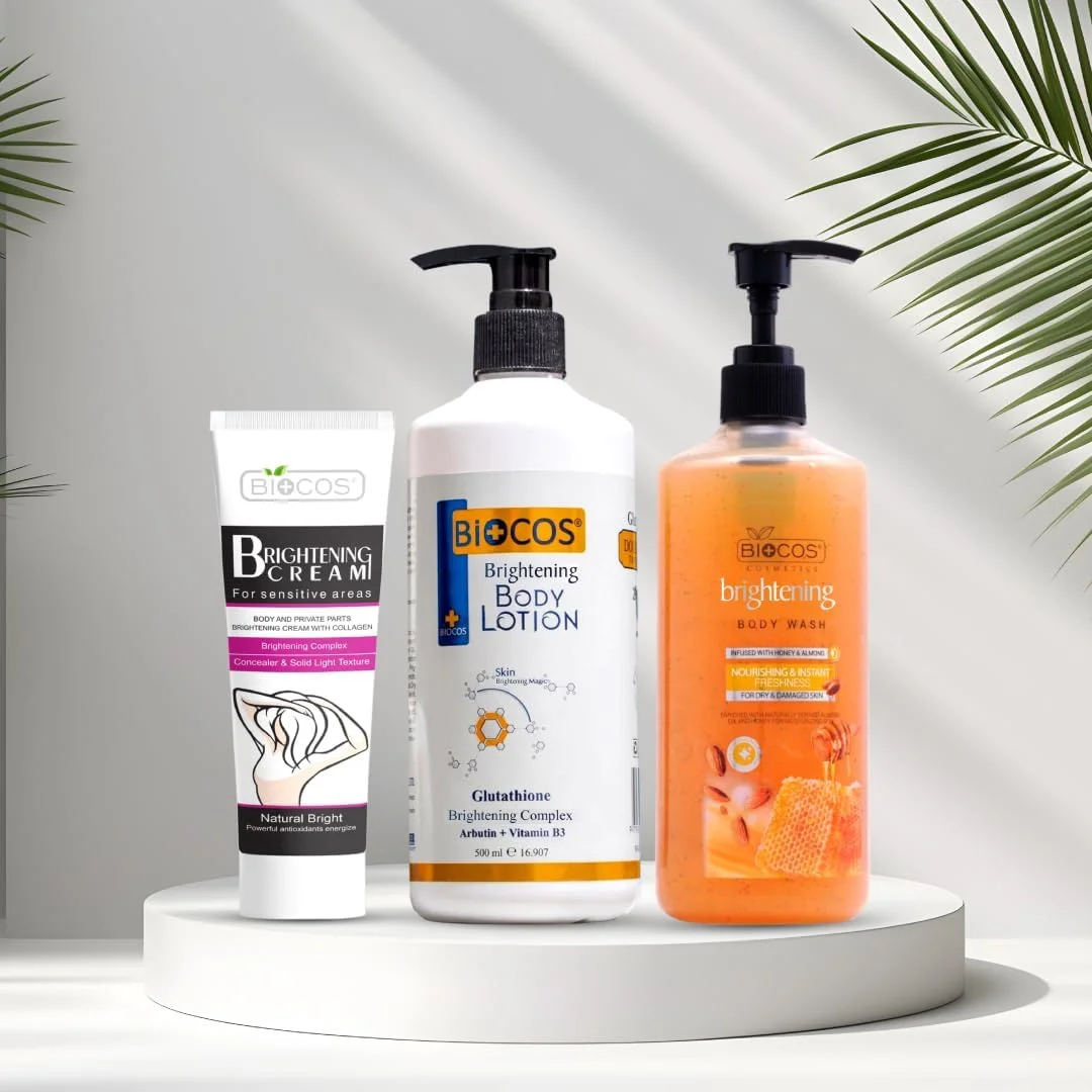 مجموعه مراقبت کامل بدن بایوکاس – لوسیون آبرسان، شستشوی روشن کننده بدن و کرم ناحیه حساس برای پوستی درخشان و تغذیه شده – نیاسینامید، آربوتین، گلوتاتیون، گلیسیرین و کلاژن