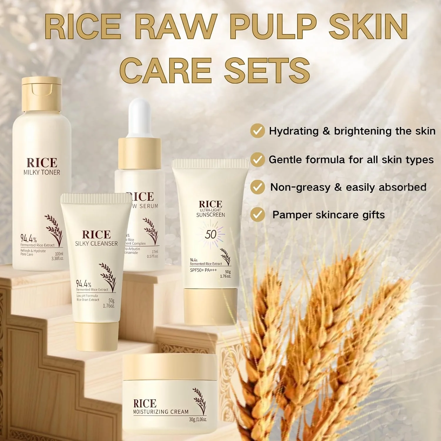 مجموعه مراقبت از پوست برنج 5 تکه، کیت پوست شیشه ای کره ای، هدایای مراقبت از پوست برای دختران نوجوان، هدایای نوازش برای زنان، تونر شیری برنج، پاک کننده، ضد آفتاب SPF 50+، سرم درخشان کننده، کرم صورت، آبرسان