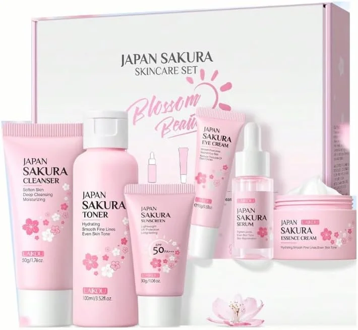 مجموعه مراقبت از پوست لایکو، مجموعه و کیت های مراقبت از پوست شکوفه های گیلاس ژاپنی - پاک کننده، تونر، لوسیون، سرم، کرم دور چشم، کرم صورت، مجموعه هدیه مسافرتی برای زنان، دختران نوجوان، مادر، دختر، اندازه های مناسب TSA، 6 عدد/مجموعه