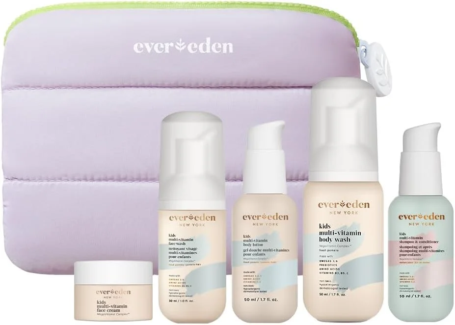 مجموعه مسافرتی کودک Evereden: مجموعه مراقبت از پوست 5 تکه تمیز و وگان برای کودکان | مجموعه مراقبت از پوست مولتی ویتامین حاوی شستشوی بدن، لوسیون، شستشوی صورت، کرم، شامپو و نرم کننده 2 در 1 در یک کیف پفی | مورد تایید TSA