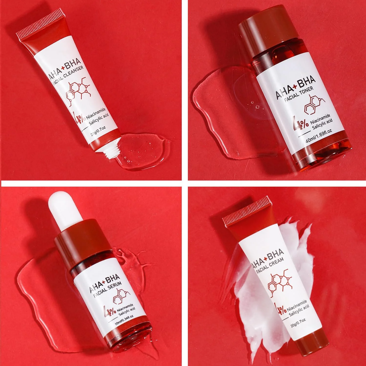 مجموعه هدیه مراقبت از پوست 4 در 1 حاوی AHA BHA نیاسینامید و شامل: پاک کننده صورت، تونر صورت، سرم صورت، کرم صورت غنی از نیاسینامید و متعادل کننده چربی پوست و مناسب پوست حساس