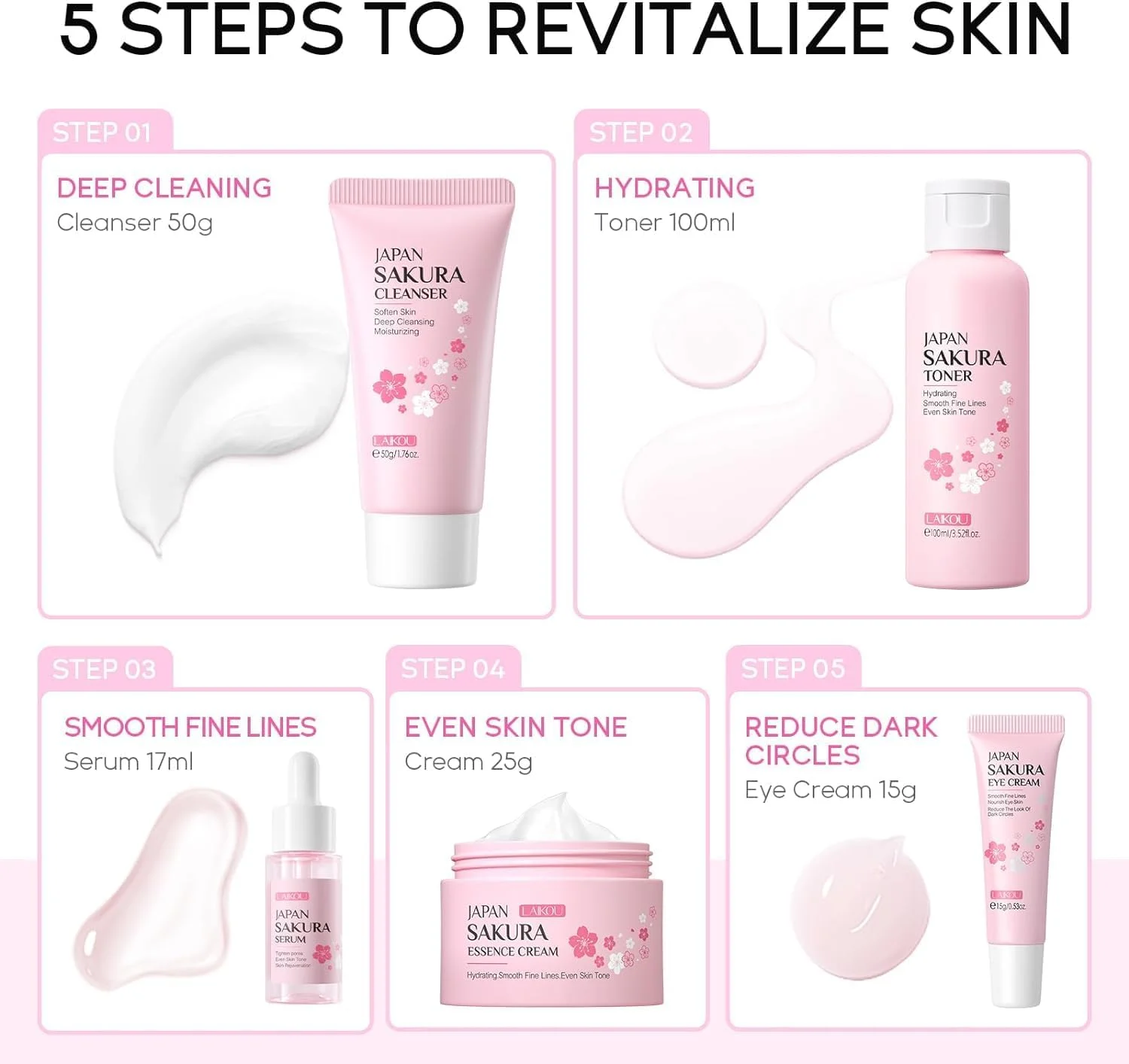 مجموعه مراقبت از پوست ژاپنی ساکورا 5 تکه (پاک کننده 50 گرم، تونر 100 میلی لیتر، سرم 17 میلی لیتر، کرم دور چشم 15 گرم، کرم صورت 25 گرم) تغذیه کننده و مرطوب کننده عمیق پوست، اسپا، جعبه هدیه مراقبت صورت برای زنان، دختران، مادر