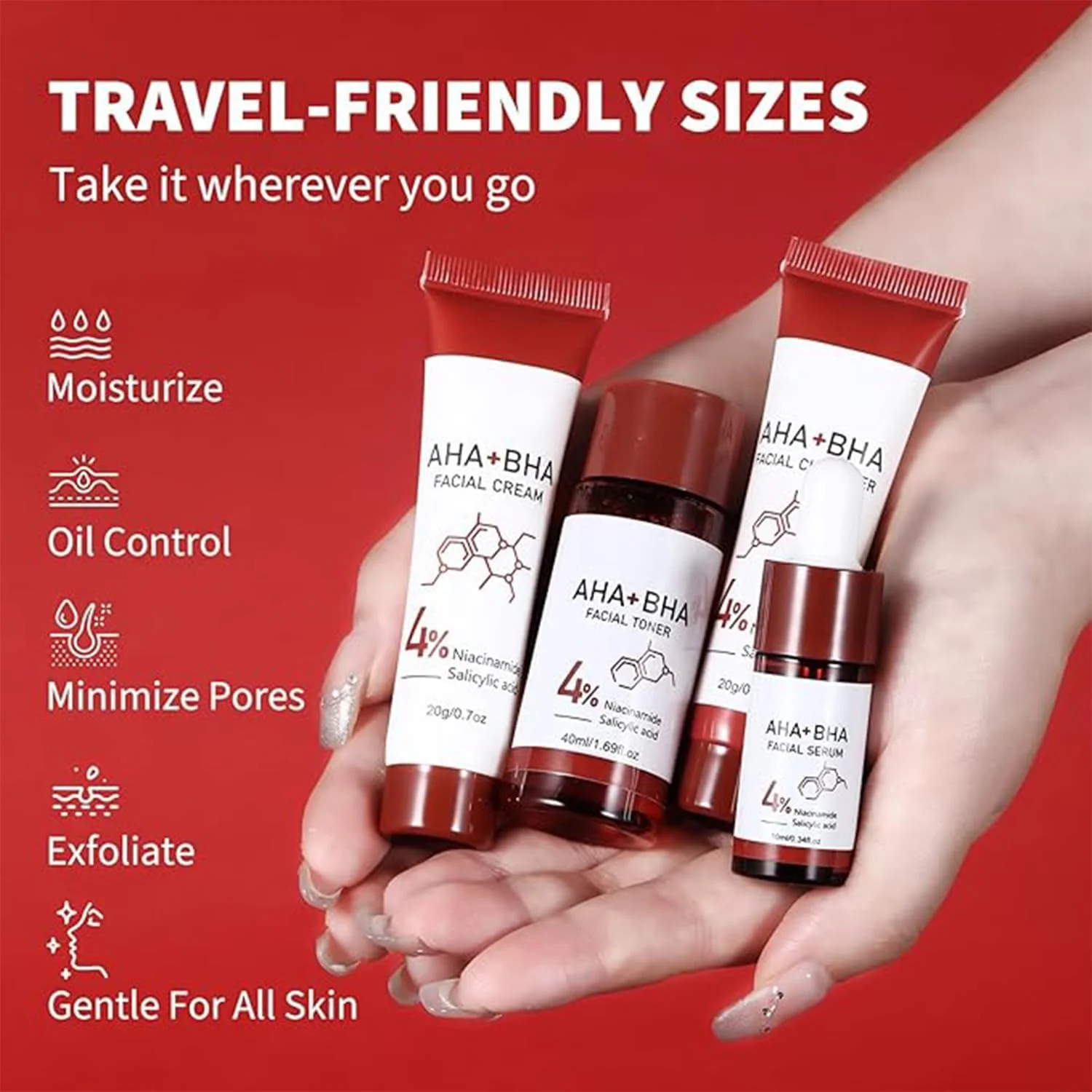 مجموعه هدیه مراقبت از پوست 4 در 1 حاوی AHA BHA نیاسینامید و شامل: پاک کننده صورت، تونر صورت، سرم صورت، کرم صورت غنی از نیاسینامید و متعادل کننده چربی پوست و مناسب پوست حساس