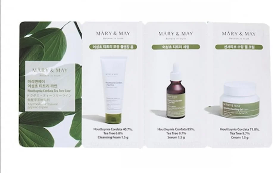 مجموعه مراقبت از پوست کره‌ای مری اند می - Houttuynia Cordata + Tea Tree - 2 بسته نمونه (2 x 4.5 گرم) شامل سرم صورت، کرم صورت و فوم پاک کننده
