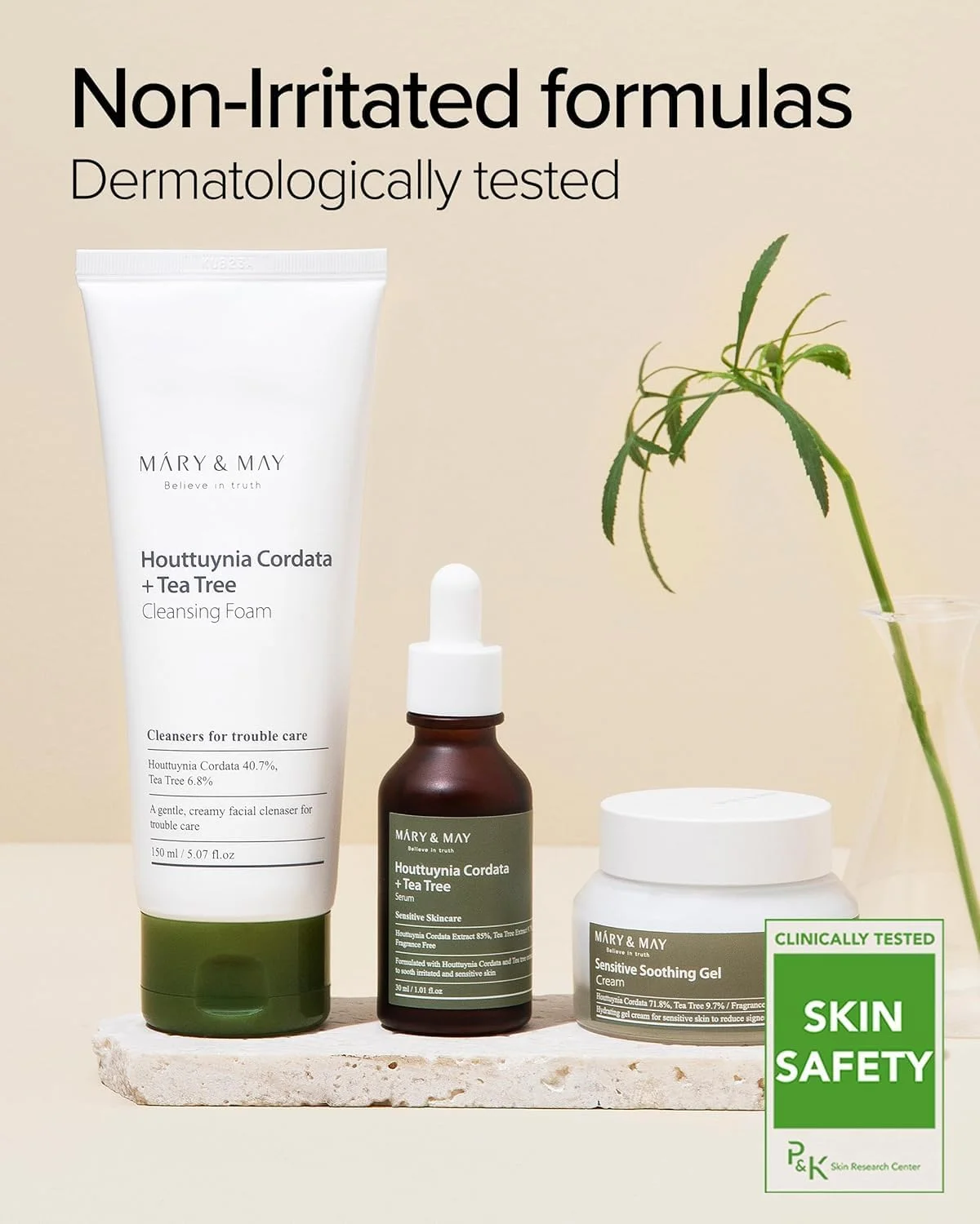 مجموعه مراقبت از پوست کره‌ای مری اند می - Houttuynia Cordata + Tea Tree - 2 بسته نمونه (2 x 4.5 گرم) شامل سرم صورت، کرم صورت و فوم پاک کننده