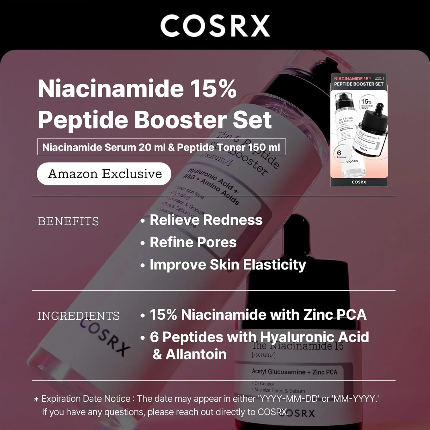 مجموعه تقویت کننده نیاسینامید ۱۵% پپتید COSRX - انحصاری آمازون - مجموعه مراقبت از پوست کره ای، ست هدیه، جوراب ساق بلند زنانه، سرم نیاسینامید، سرم صورت