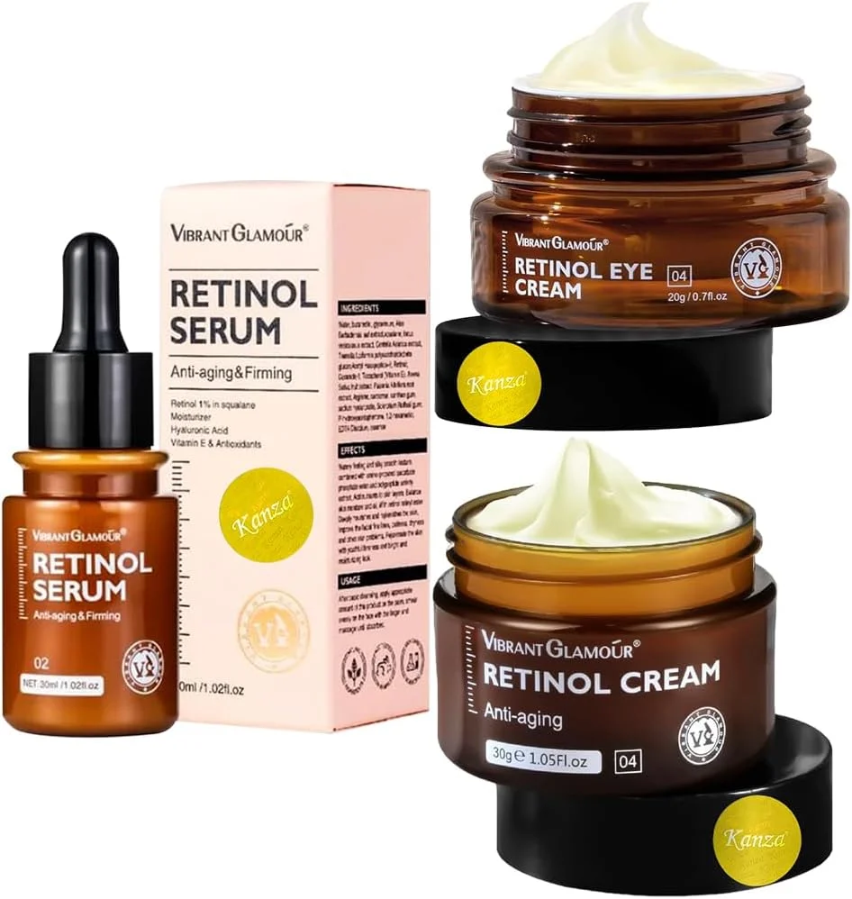 کانزا - ست کرم رتینول ضد پیری، سرم، کرم دور چشم (30 گرم + 30 میلی لیتر + 20 گرم) | ست مراقبت از پوست یا کرم صورت، سرم مرطوب کننده پوست | ضد چروک، ترمیم منافذ، سفت کننده کلاژن، ست های مراقبت از پوست