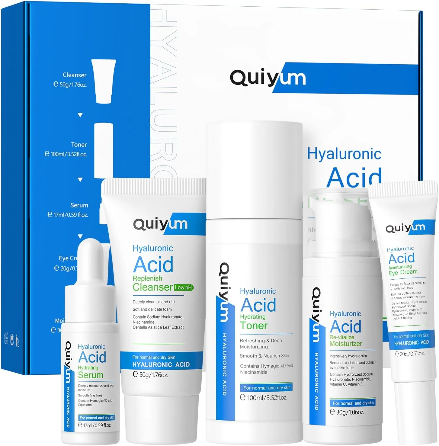 مجموعه مراقبت از پوست هیالورونیک اسید لایکو، مجموعه 5 عددی مراقبت از پوست درخشان، کیت مراقبت از پوست سایز مسافرتی شامل پاک کننده صورت، تونر، کرم دور چشم آبرسان، سرم و کرم صورت