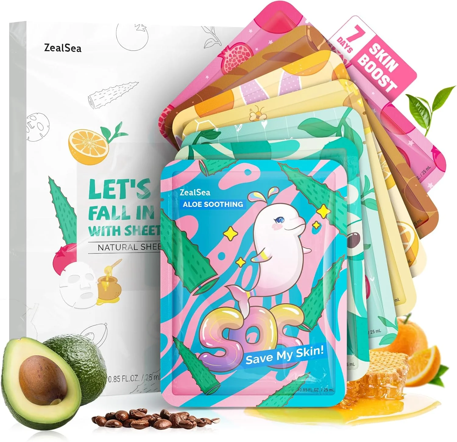 زیلسی ماسک ورقه ای صورت، مراقبت از پوست (بسته 7 عددی)، ماسک صورت زیبایی، ماسک صورت اسپا بچه گانه، هدیه جشن تولد برای زنان، دختران و کودکان - آبرسان، روشن کننده، مرطوب کننده، تسکین دهنده برای انواع پوست