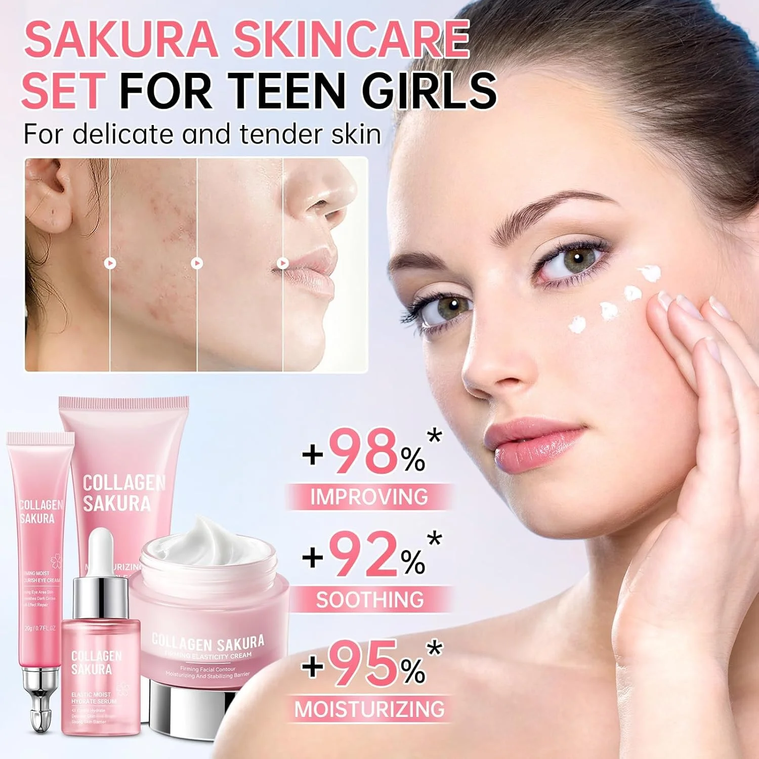 مجموعه مراقبت از پوست شکوفه گیلاس برای نوجوانان و بانوان، کیت کلاژن 4 تکه شامل پاک کننده، سرم، کرم و کرم دور چشم