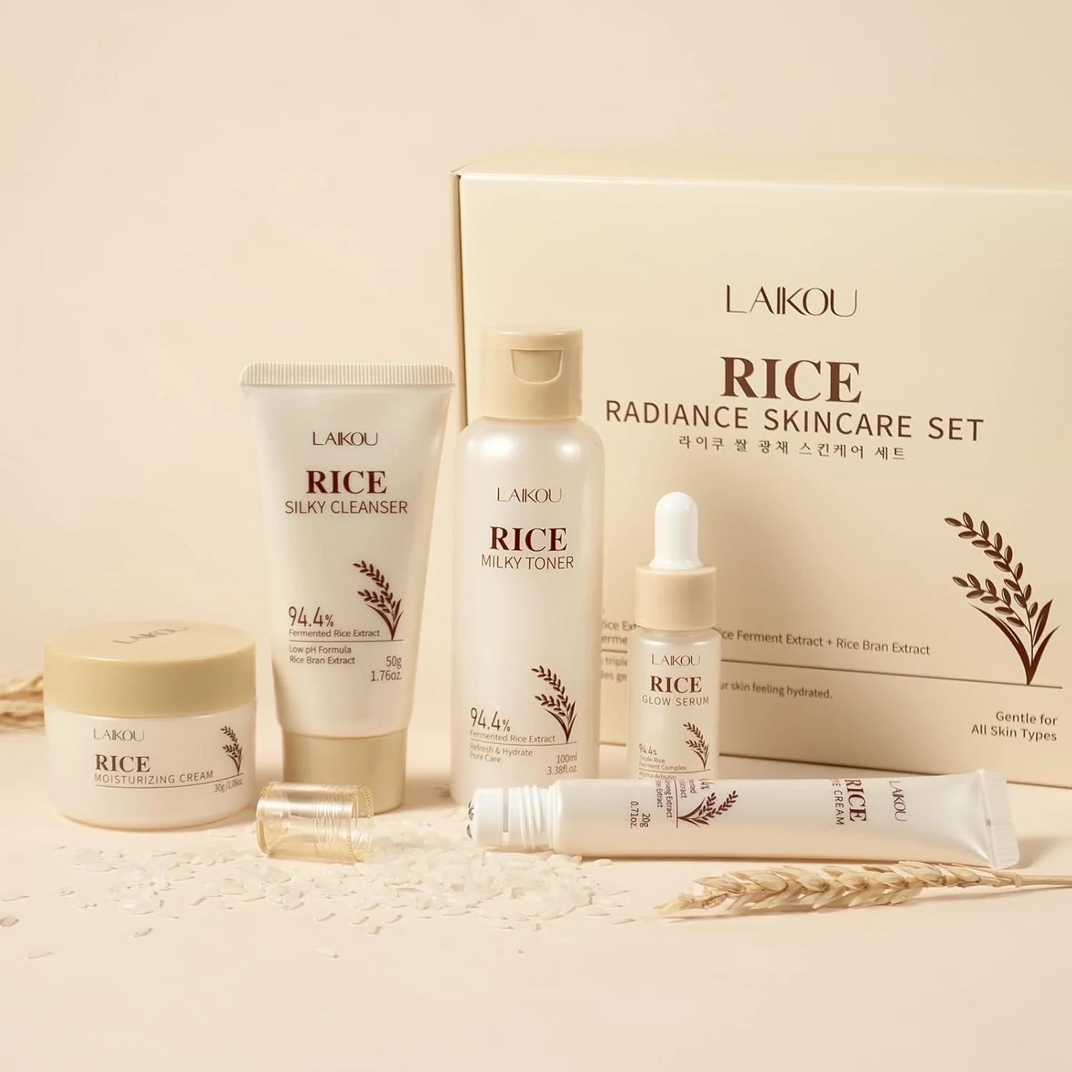 مجموعه مراقبت از پوست برنج کره‌ای لایکو، 5 تکه: پاک کننده، تونر، سرم، کرم دور چشم و مرطوب کننده، هدیه تولد و کریسمس برای زنان، دختران نوجوان، مادر و دوست، اندازه مناسب مسافرت