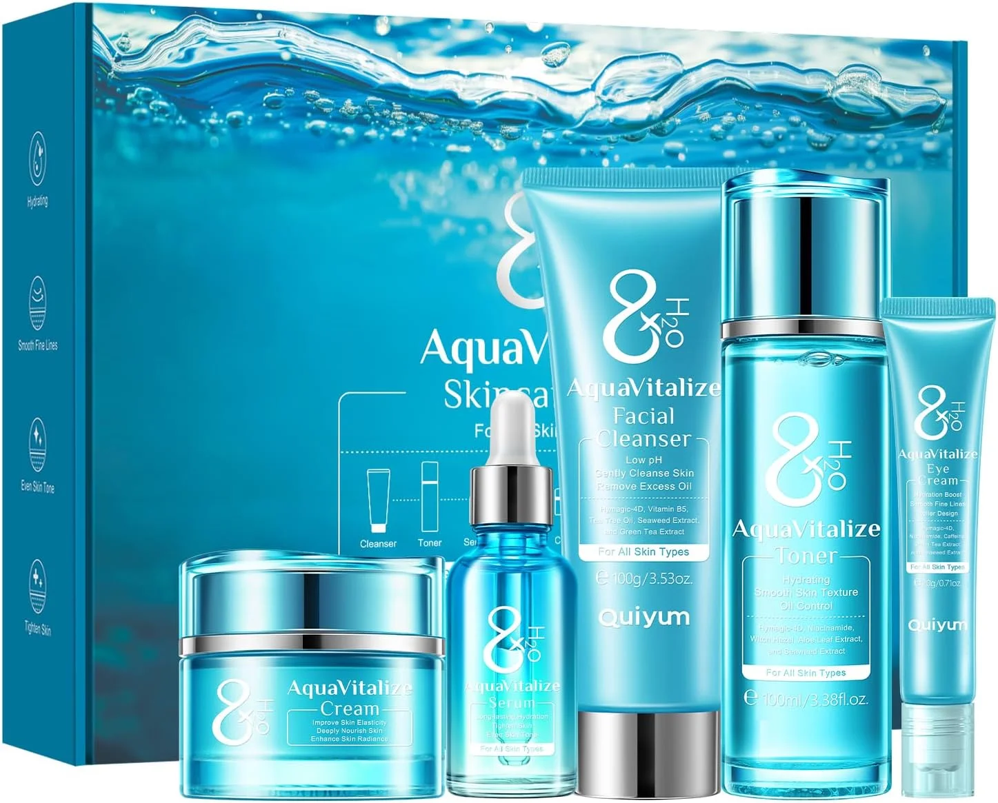 مجموعه مراقبت از پوست آبرسان لایکو، مجموعه 5 عددی مرطوب کننده، مراقبت از پوست برای درخشش پوست، شامل پاک کننده صورت، تونر، کرم دور چشم آبرسان، سرم و کرم صورت