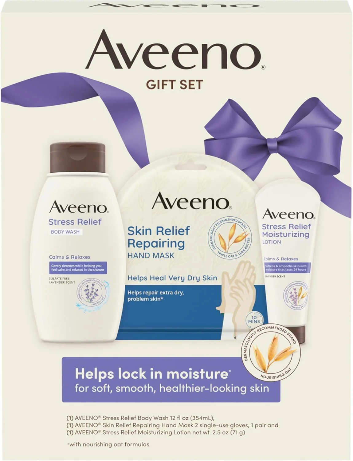 مجموعه هدیه آرامش‌بخش آوینو، مجموعه مراقبت از پوست برای پوست حساس با شستشوی بدن تسکین‌دهنده و لوسیون بدن مرطوب‌کننده، به علاوه ماسک دست ترمیم‌کننده پوست برای پوست بسیار خشک، 3 قلم