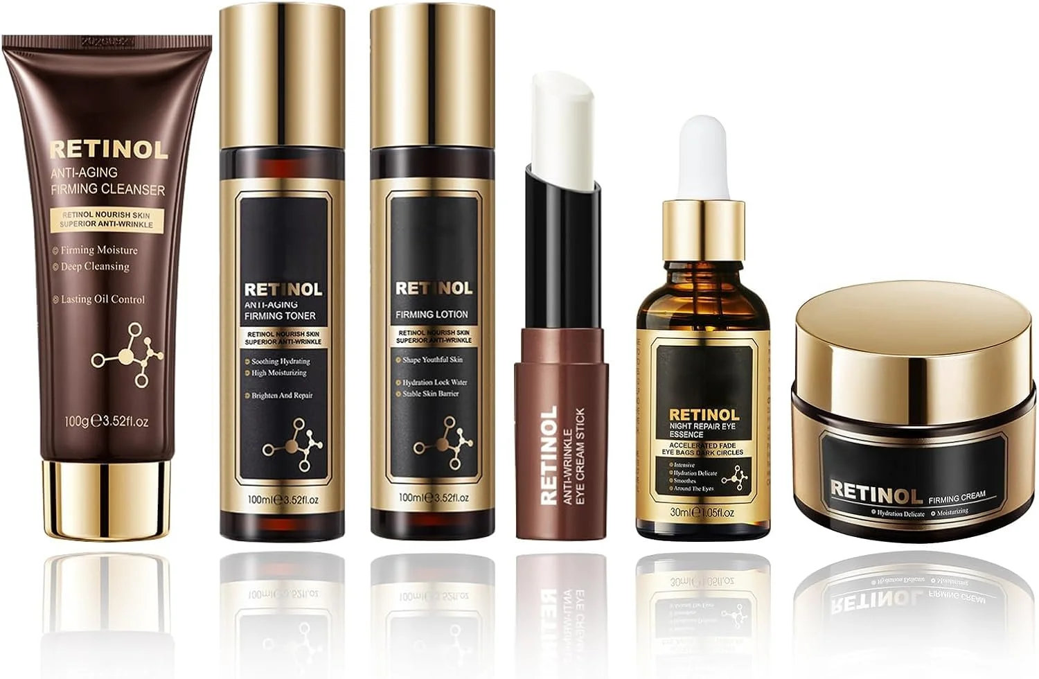 مجموعه مراقبت از پوست رتینول، کیت های صورت ضد چروک برای زنان، ست هدیه آبرسان و احیا کننده شامل پاک کننده، تونر، استیک دور چشم رتینول، سرم، کرم دور چشم، ست ها و کیت های مراقبت از پوست