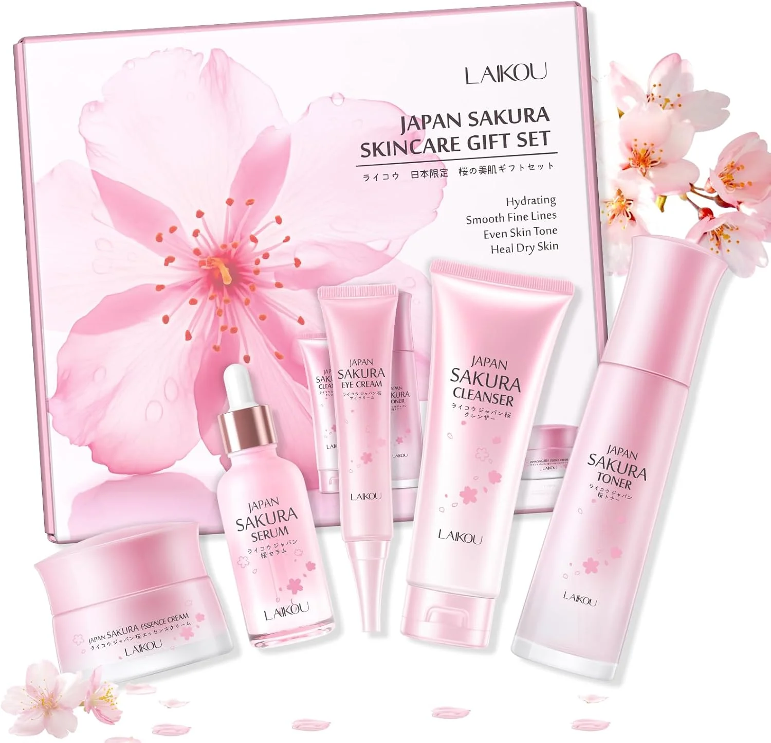 مجموعه مراقبت از پوست ساکورا LAIKOU - مجموعه 5 تکه شامل پاک کننده، تونر، سرم، کرم دور چشم و کرم اسانس برای آبرسانی، صاف کردن و یکنواخت کردن رنگ پوست برای انواع پوست