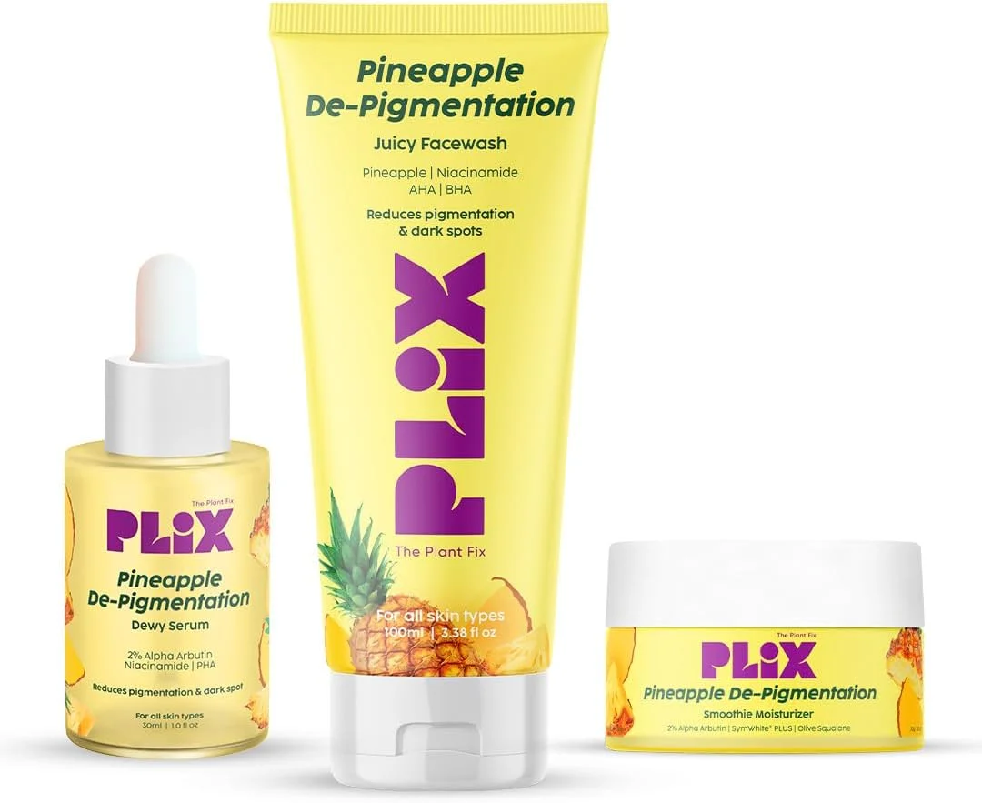 مجموعه مراقبت از پوست آناناس PLIX - THE PLANT FIX برای رفع لک های تیره | شامل پاک کننده، سرم صورت و مرطوب کننده حاوی 2% آلفا آربوتین، بسته 3 عددی، مناسب آقایان و بانوان