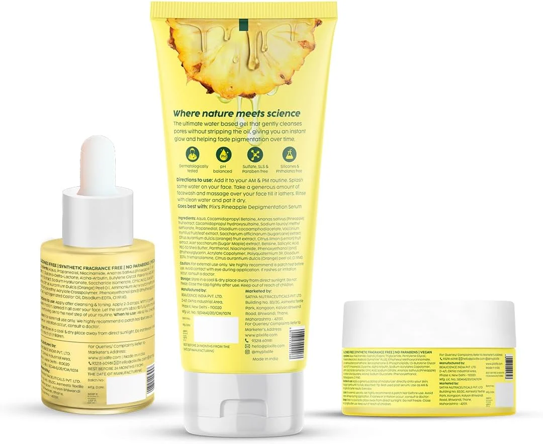 مجموعه مراقبت از پوست آناناس PLIX - THE PLANT FIX برای رفع لک های تیره | شامل پاک کننده، سرم صورت و مرطوب کننده حاوی 2% آلفا آربوتین، بسته 3 عددی، مناسب آقایان و بانوان