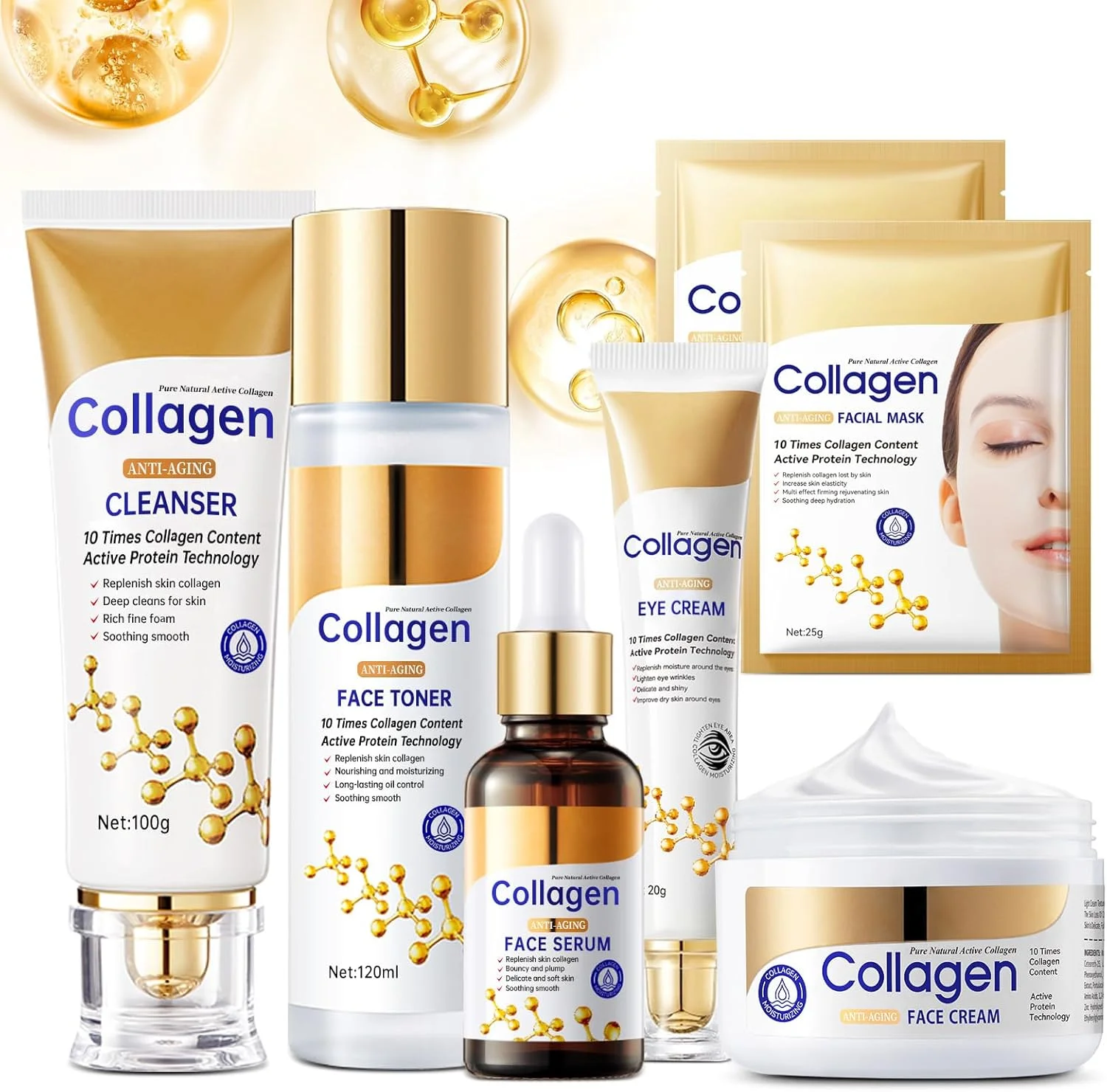 مجموعه مراقبت از پوست کلاژن، مجموعه مراقبت از پوست ضد پیری برای چین و چروک و خطوط ریز، کوچک کننده منافذ، آبرسان و سفت کننده پوست، 7 عدد کیت مراقبت از پوست برای زنان با پاک کننده، تونر، سرم، کرم، کرم دور چشم، 2 عدد ماسک.