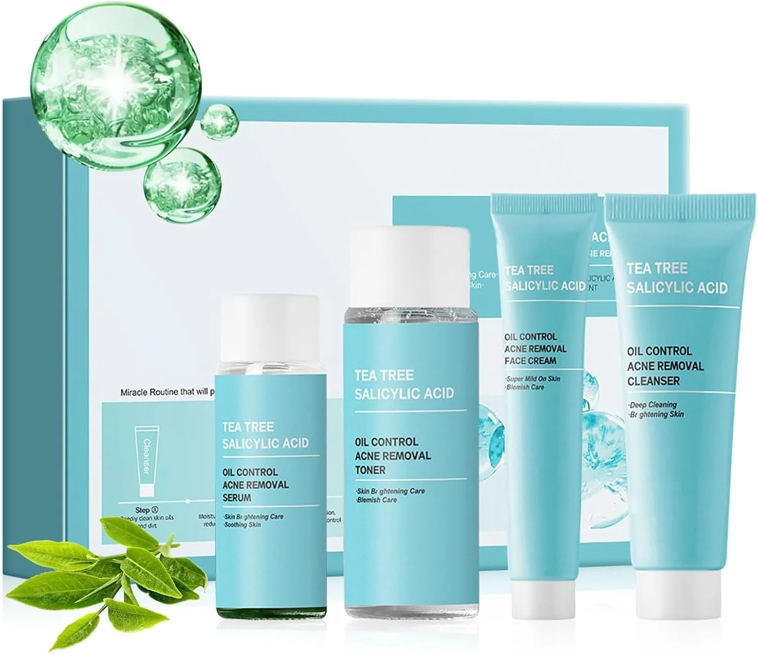 مجموعه مراقبت از پوست چای سبز، مجموعه هدیه مراقبت از پوست 4 در 1 برای دختران نوجوان، مجموعه مراقبت از پوست کره ای با اسید سالیسیلیک، سرم، تونر، کرم صورت، پاک کننده، کنترل چربی و مرطوب کننده پوست نوجوان