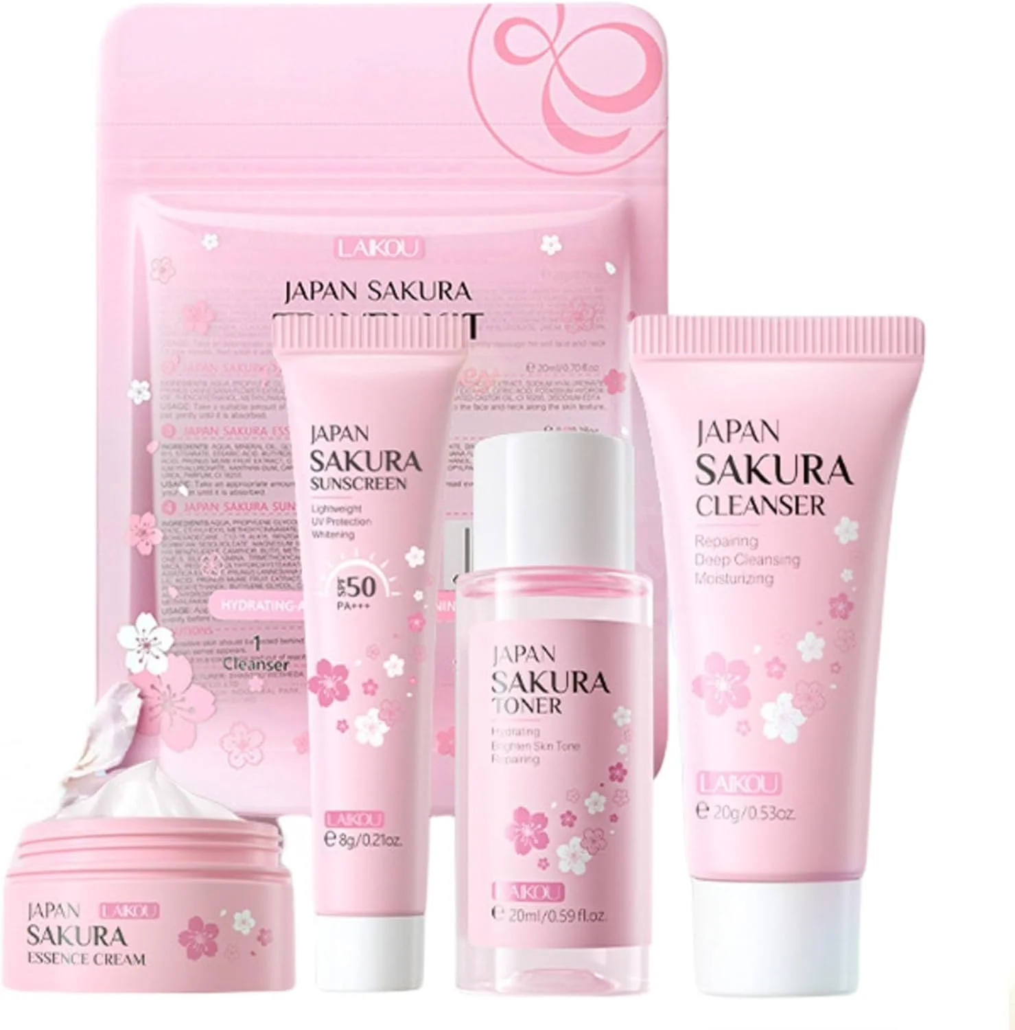 مجموعه مراقبت از پوست مسافرتی ساکورا برای دختران نوجوان، کیت مراقبت از صورت 4 تکه با پاک کننده، تونر، ضد آفتاب و کرم
