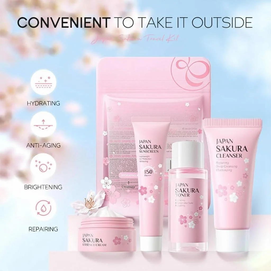 مجموعه مراقبت از پوست مسافرتی NALACAL Sakura برای دختران نوجوان - مجموعه روتین صورت برای زنان، کیت 4 تکه تمیز کننده و مراقبت ملایم از پوست سایز مسافرتی با پاک کننده، تونر، ضد آفتاب و کرم صورت